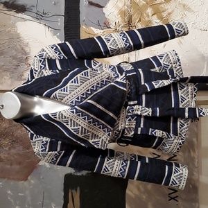 EUC Jacquard Blue & Black Aztec Tribal Wrap Jacket Women L